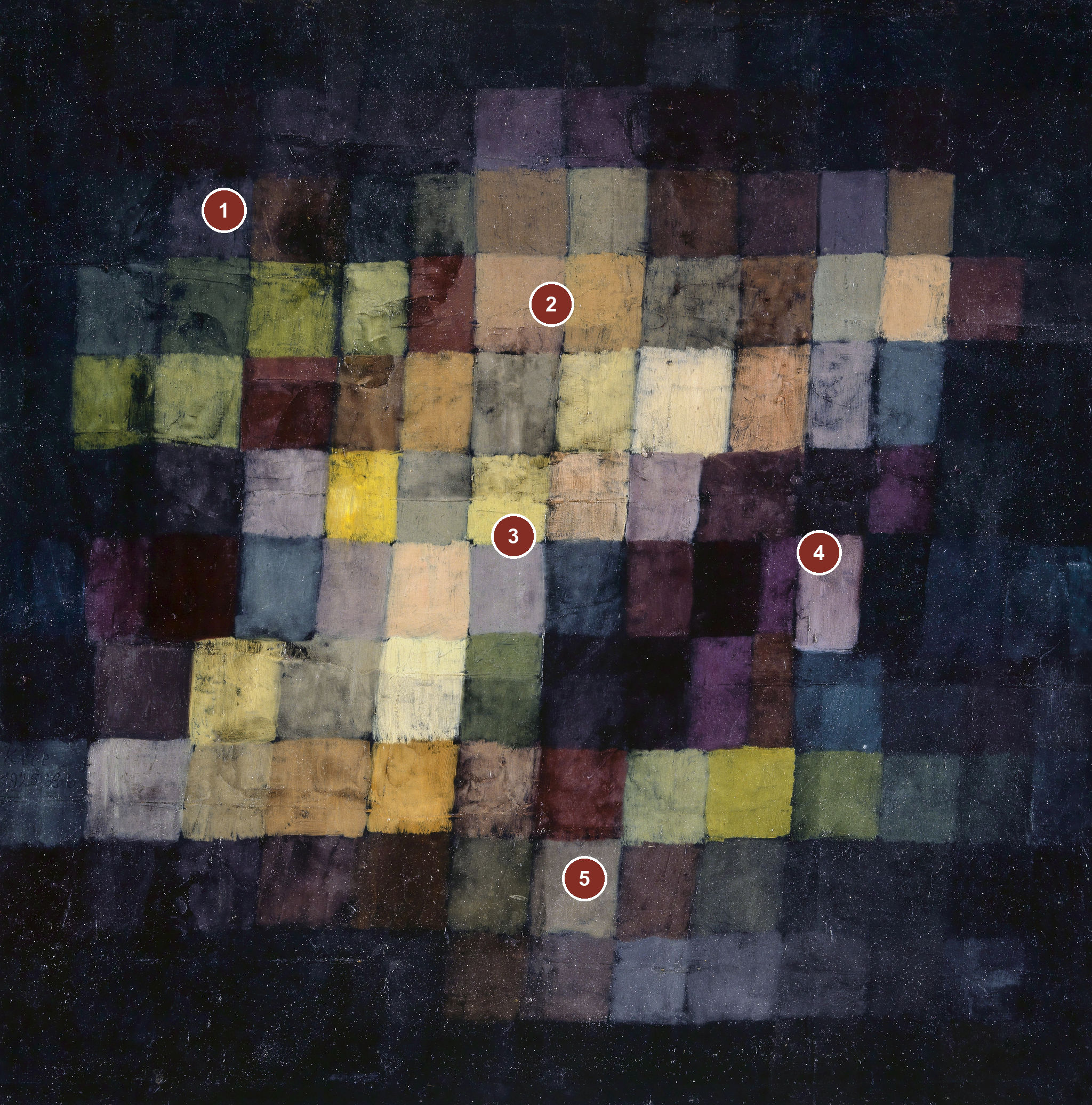 Numbered guide to 5 visual details in Ancient Harmony